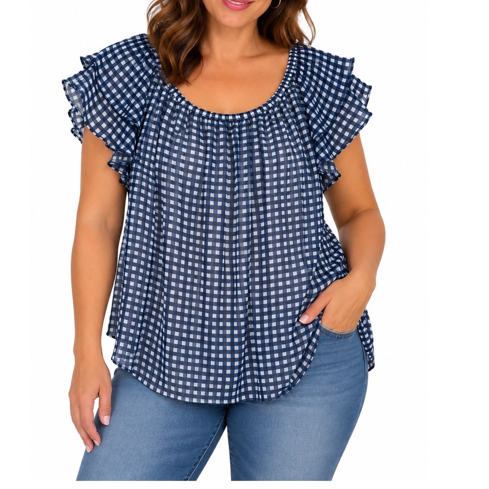 St Johns Bay Navy Gingham Flutter Sleeve Blouse Plus Size 1X Chiffon Top